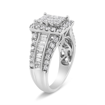 White metal ring with a raised square cluster of princess-shaped white gemstones in invisible setting, surrounded by round white gemstones in prong setting, with two rows of baguette-shaped white gemstones in channel setting on the band, shown at an angled side view.