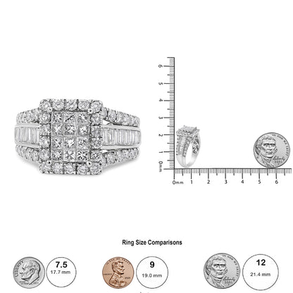 White metal ring with a square cluster of princess and round white gemstones in prong and invisible settings, flanked by rows of baguette and round white gemstones in channel and prong settings, shown on a ruler and scale for size reference with a front and side view.