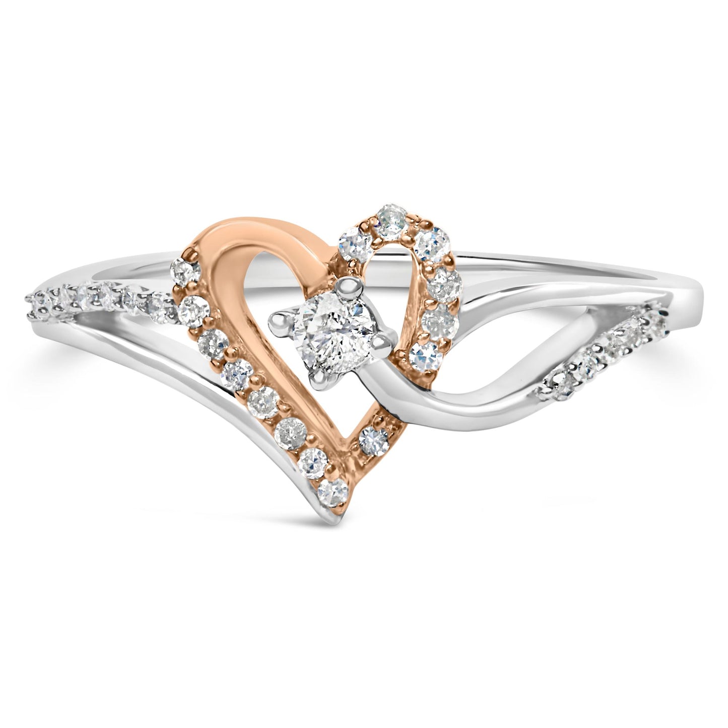 Close-up front view of a two-tone ring featuring a heart-shaped design with white and rose metal. The heart is accentuated with round white gemstones in prong settings, including one larger gemstone at the center and smaller gemstones outlining the heart and bands.