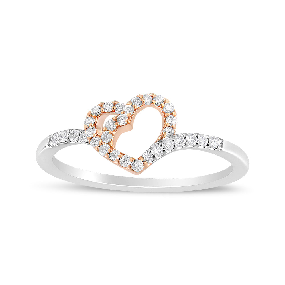 Front angle of a ring with a rose-colored heart outline adorned with white round gemstones in prong settings, attached to a band featuring additional white round gemstones.