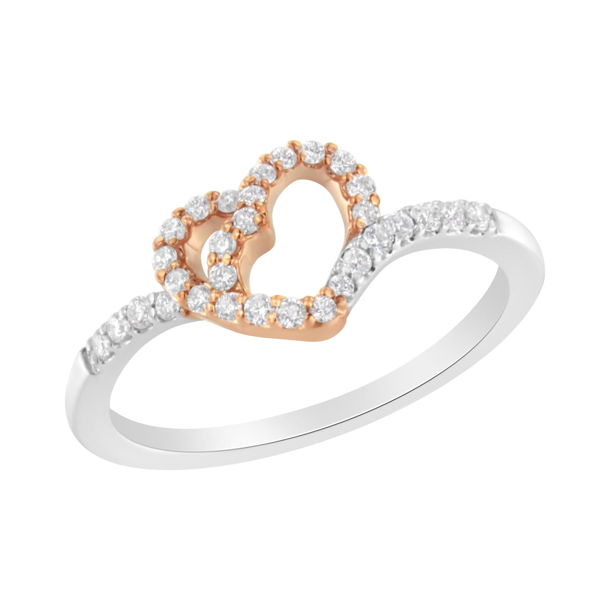 Side angle of a white and rose metal ring featuring two intertwined heart shapes adorned with round white gemstones in prong settings, and additional round white gemstones set along the white metal band.