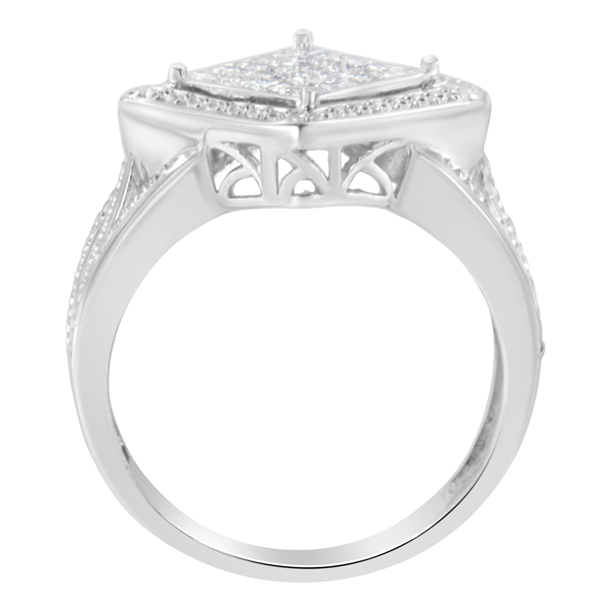 Front angle of a white metal ring with a square cluster of small white gemstones in an invisible setting.