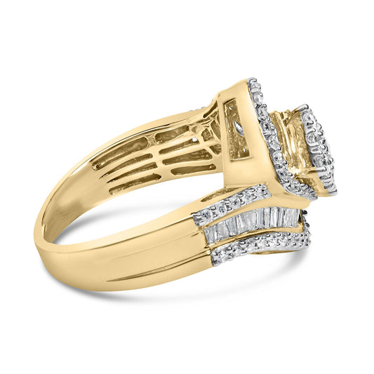 Side angle view of a yellow metal ring featuring multiple round prong-set white gemstones and channel-set baguette-shaped white gemstones along the band and on the elevated square-shaped setting.