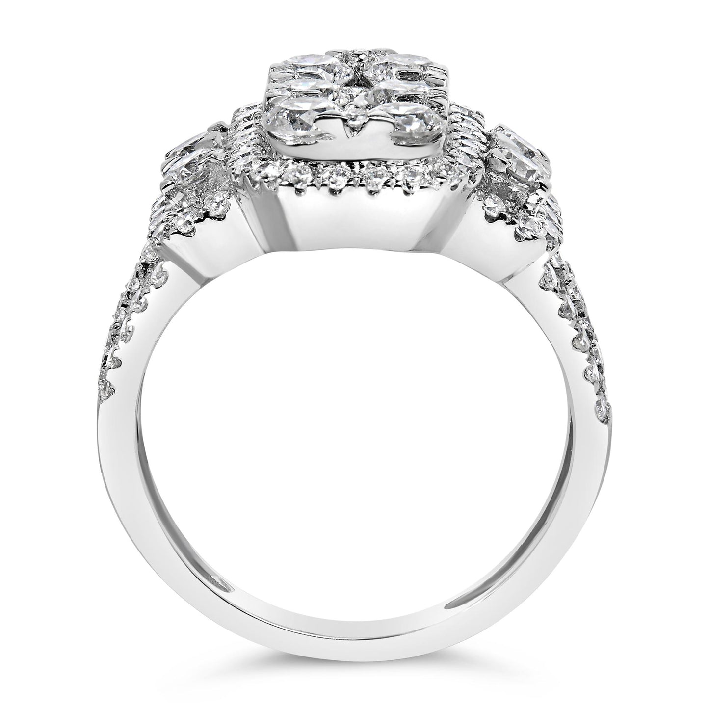 Close-up side view of a white metal ring featuring multiple round white gemstones set in prong settings along the top and sides.