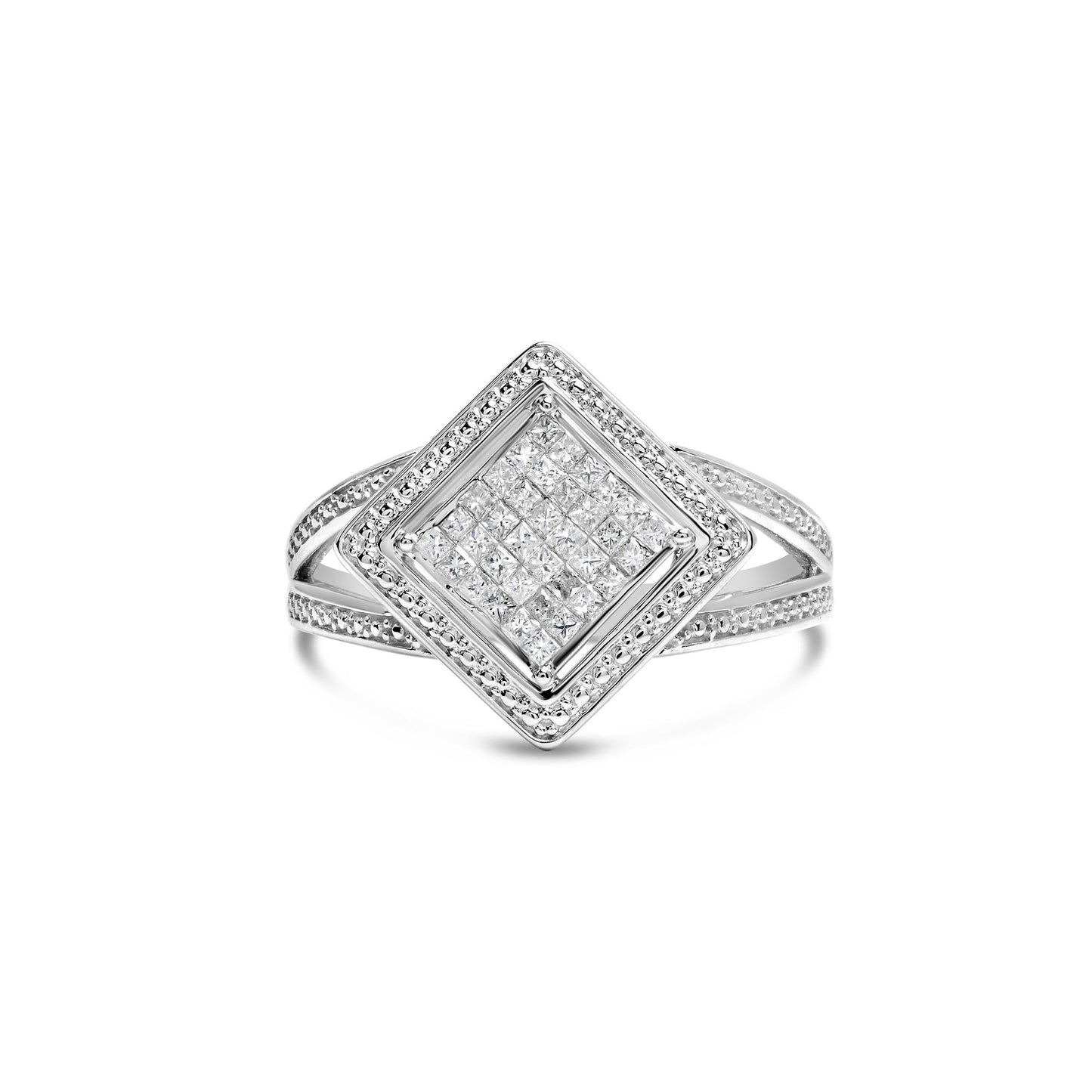 White metal ring with a square cluster of princess-shaped white gemstones in an invisible setting, shown at a front angle on a white background.