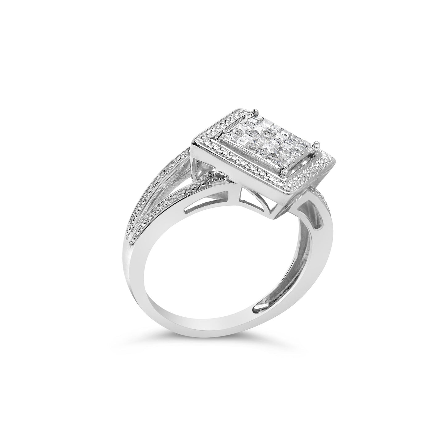 White metal ring with a rectangular cluster of white princess-shaped gemstones in an invisible setting, shown from a side angle.