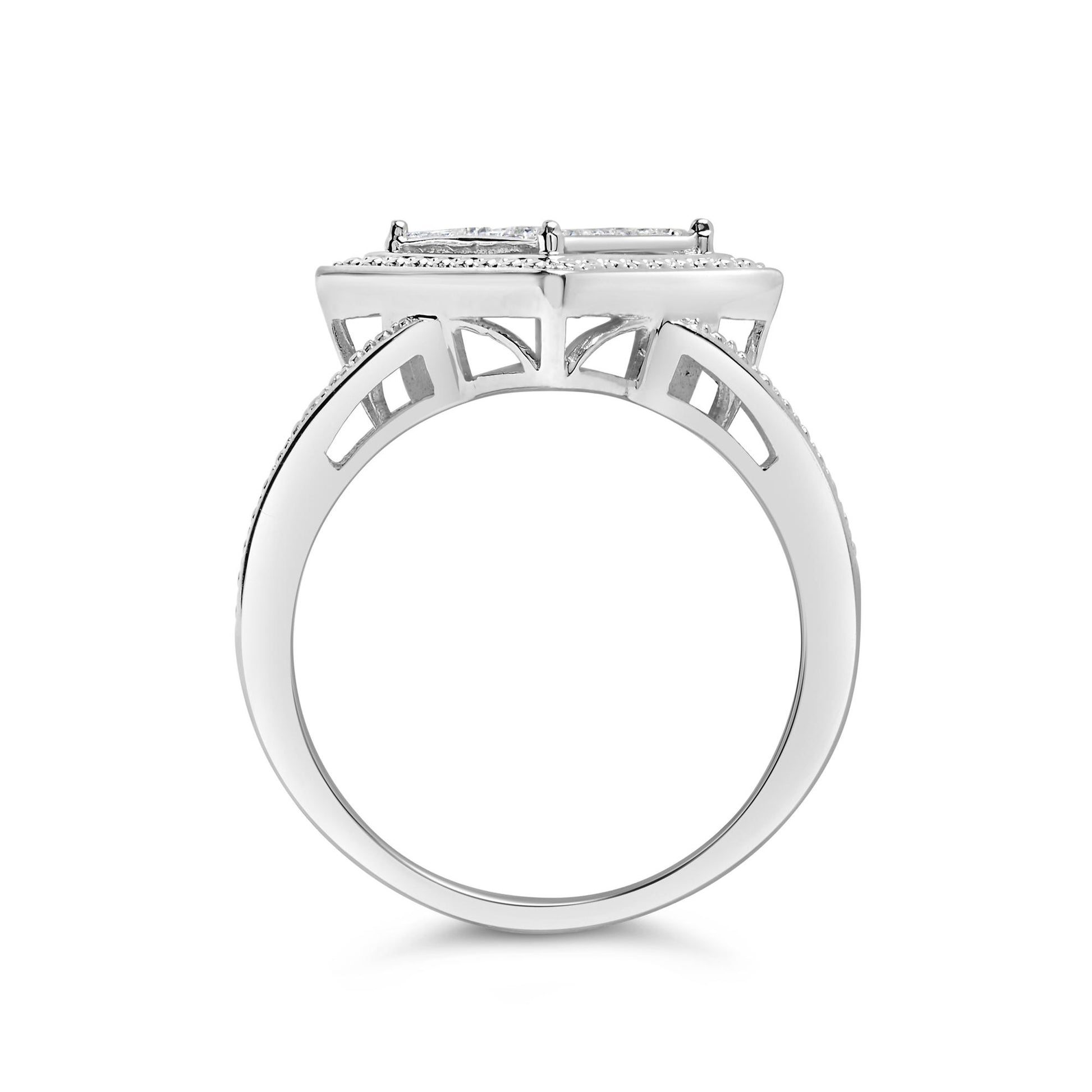 Side view of a white metal ring with multiple princess-shaped white gemstones in an invisible setting on top.