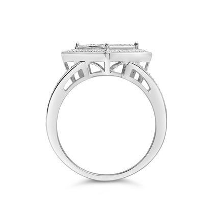 Side view of a white metal ring with multiple princess-shaped white gemstones in an invisible setting on top.