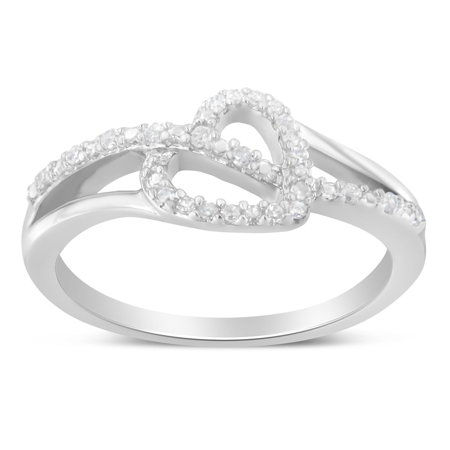 White metal ring with intertwined heart design adorned with small round white gemstones in prong settings, shown from a side angle.