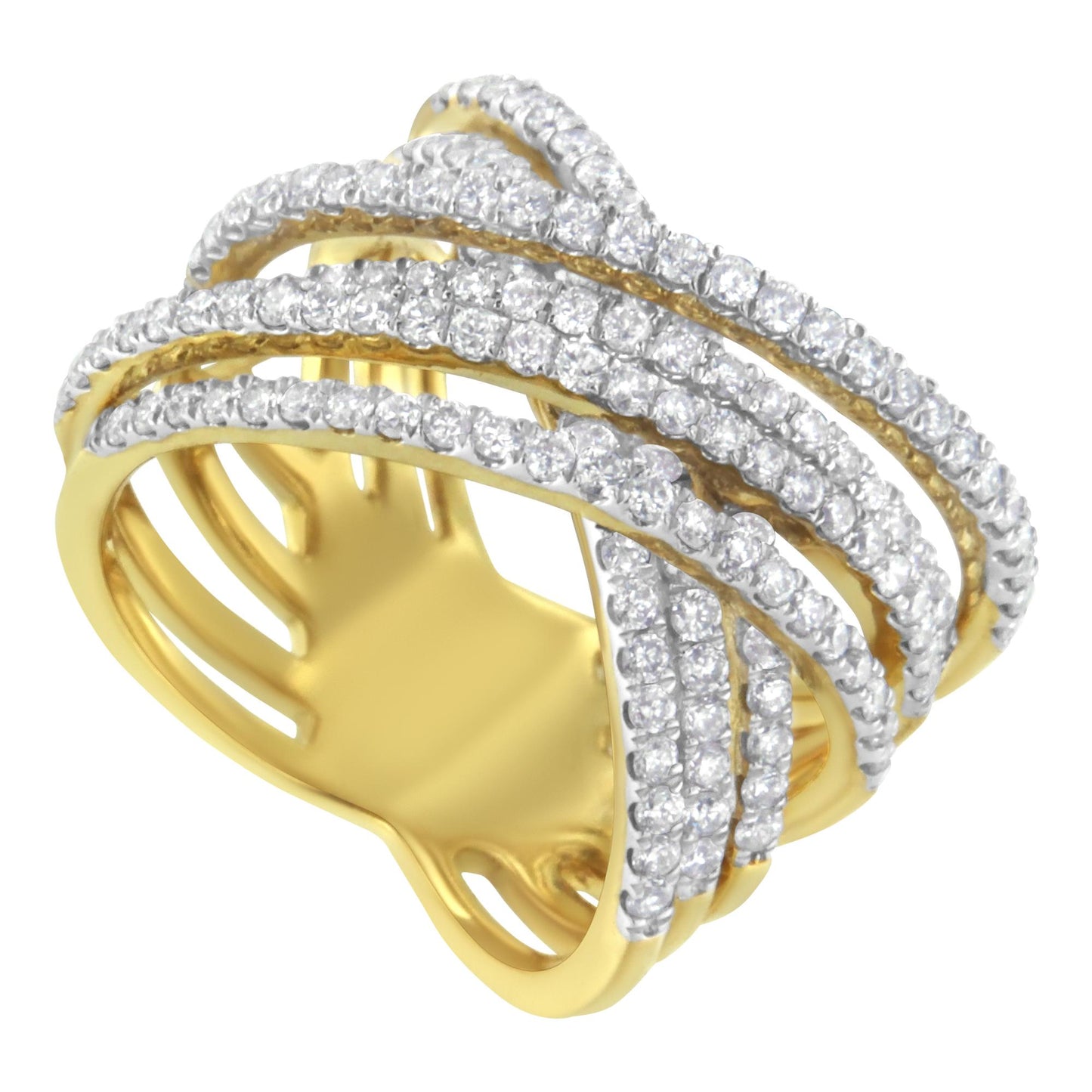 Yellow ring with multiple overlapping bands adorned with white gemstones in pave setting, shown at a slight angle.