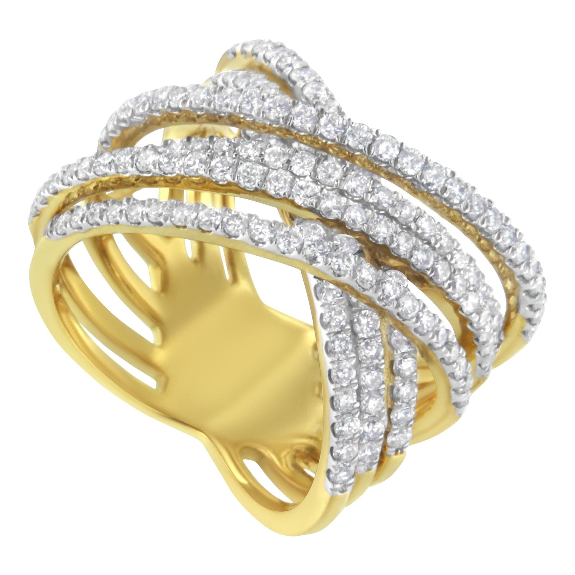 Yellow ring with multiple overlapping bands adorned with white gemstones in pave setting, shown at a slight angle.