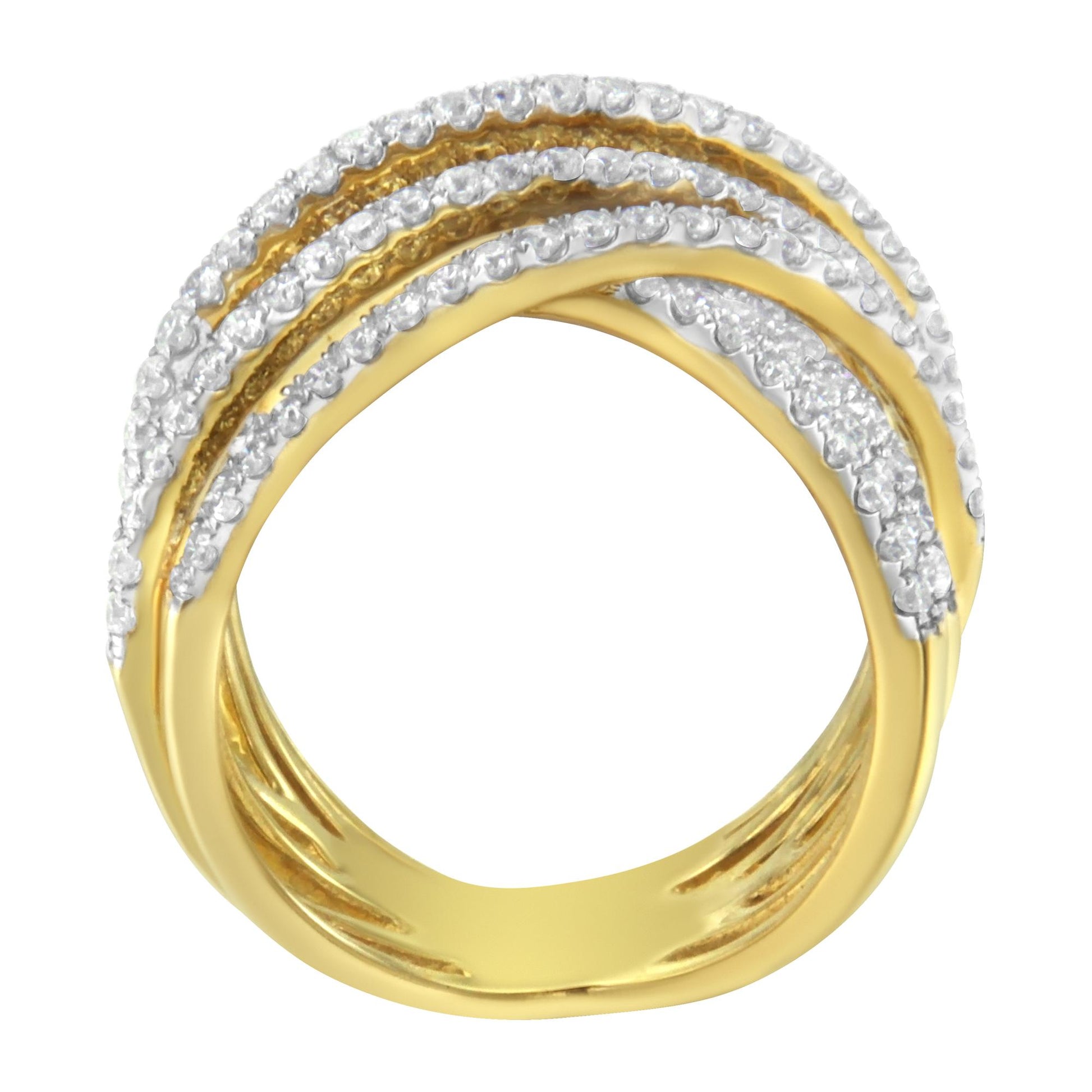 Front-facing view of a yellow ring with multiple crossing bands adorned with round white gemstones in pave setting.
