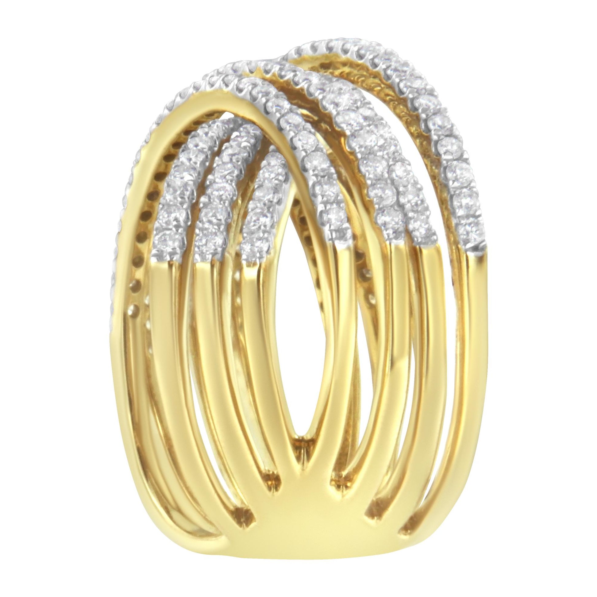 Close-up front angle of a yellow metal ring featuring multiple bands adorned with white round-shaped gemstones in pave setting.