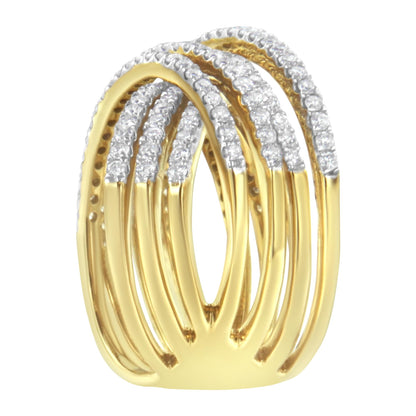 Close-up front angle of a yellow metal ring featuring multiple bands adorned with white round-shaped gemstones in pave setting.