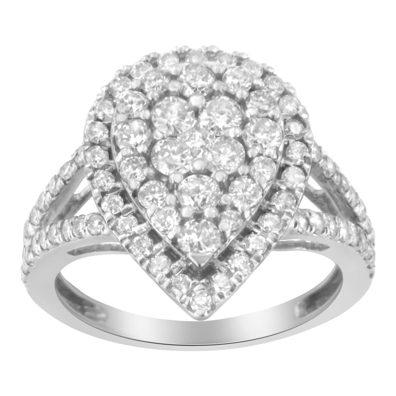 Front angled view of a white metal ring featuring a pear-shaped cluster of round white gemstones in prong settings, with additional round white gemstones adorning the band.