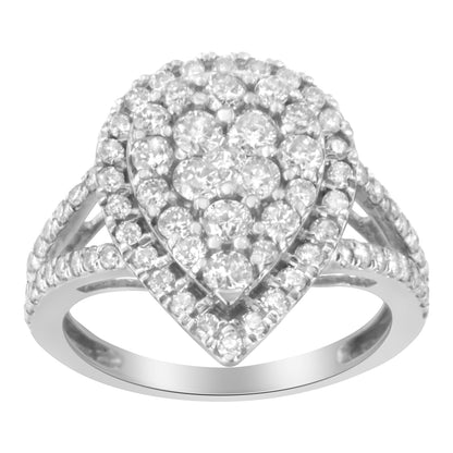 Front angled view of a white metal ring featuring a pear-shaped cluster of round white gemstones in prong settings, with additional round white gemstones adorning the band.