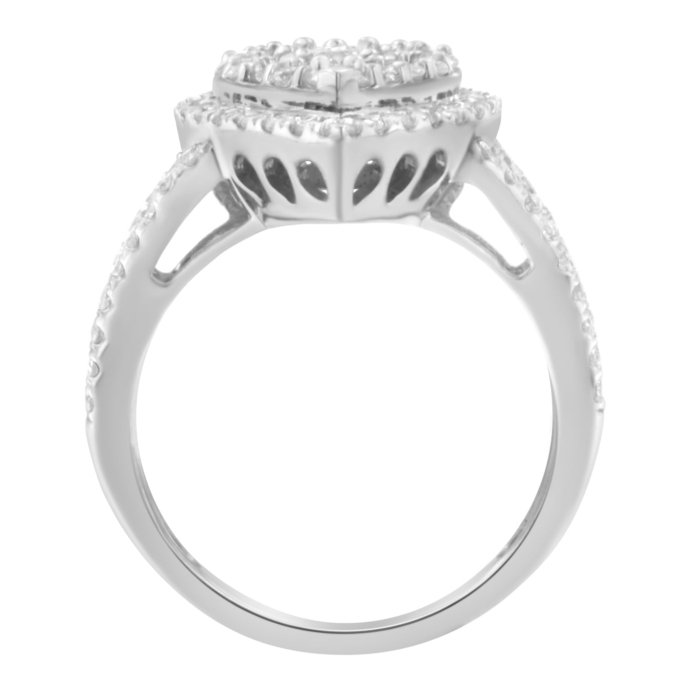 Side view of a white metal ring with round white gemstones in prong settings along the band and a cluster of white gemstones on the top.