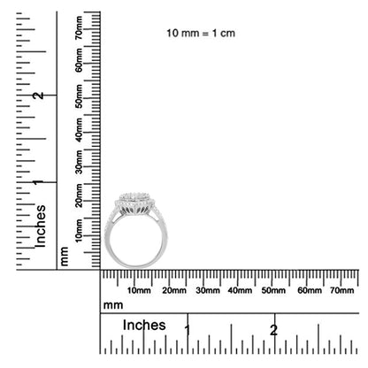 Side view of a white metal ring with prong-set round white gemstones, displayed on rulers for size reference.