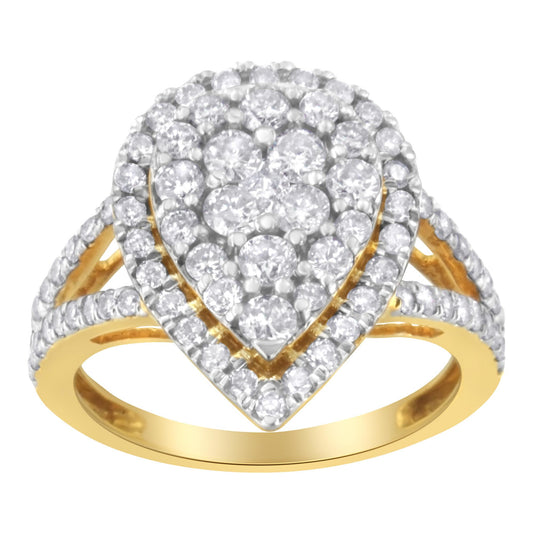 Front angled view of a yellow metal ring featuring a pear-shaped cluster of round white gemstones in prong settings, with additional round white gemstones along the split shank.