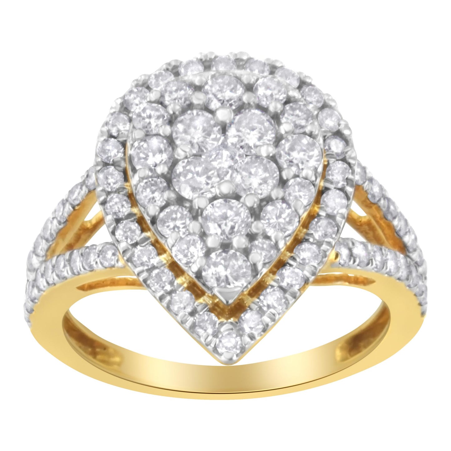 Front angled view of a yellow metal ring featuring a pear-shaped cluster of round white gemstones in prong settings, with additional round white gemstones along the split shank.