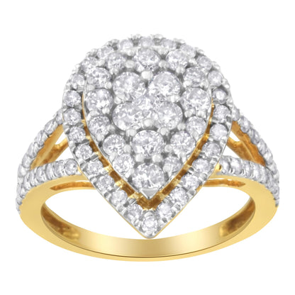 Front angled view of a yellow metal ring featuring a pear-shaped cluster of round white gemstones in prong settings, with additional round white gemstones along the split shank.