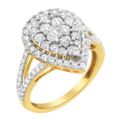 Yellow metal ring with clustered round white gemstones in prong setting, shown at a three-quarter angle.
