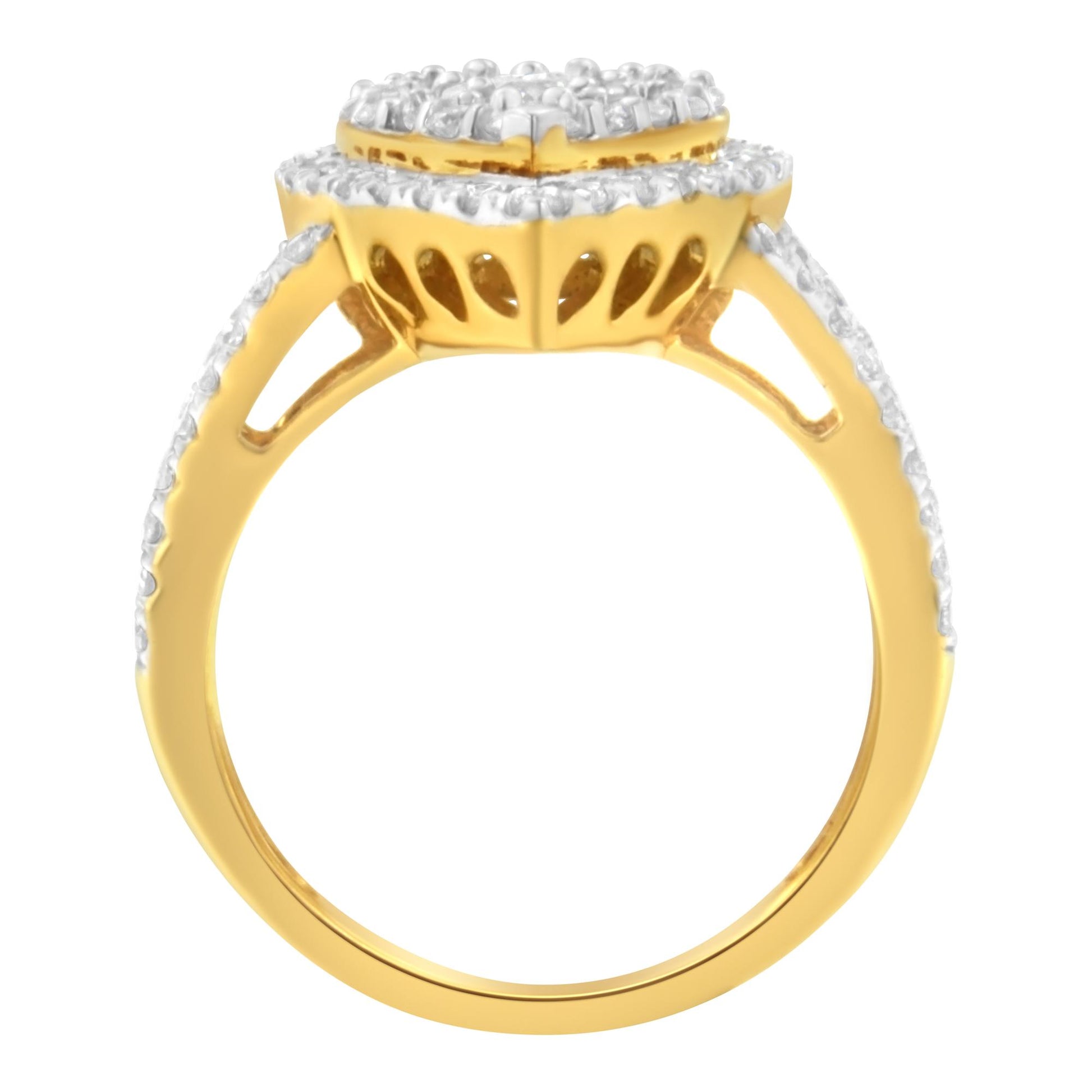 Side view of a yellow metal ring with white round gemstones in prong settings along the band and clustered on top.