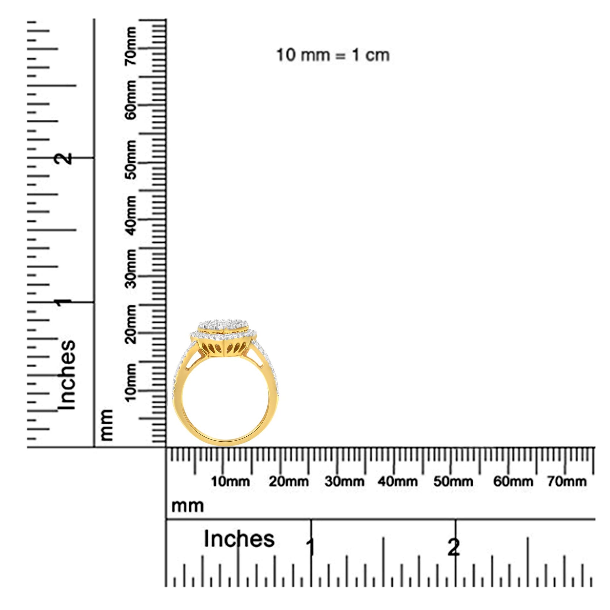 Yellow metal ring with white round gemstones in prong settings, shown in side profile on a ruler for size reference.