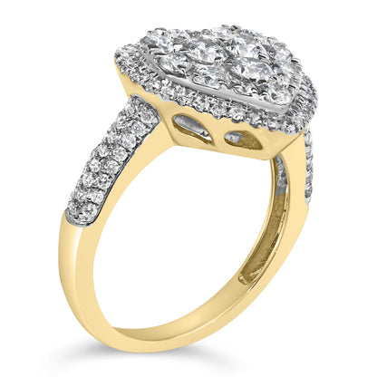 Yellow metal ring with a cluster of white round gemstones in prong settings on top and along the band, shown at an angled side view.