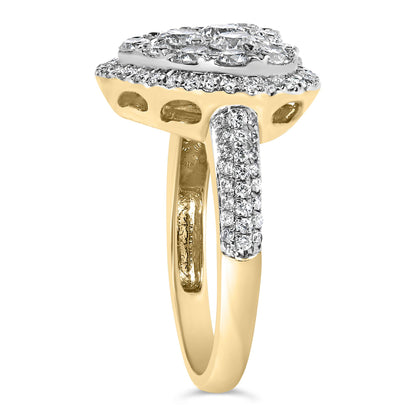 Side angle view of yellow metal ring with cluster of round white gemstones in prong settings on top and along part of the band.
