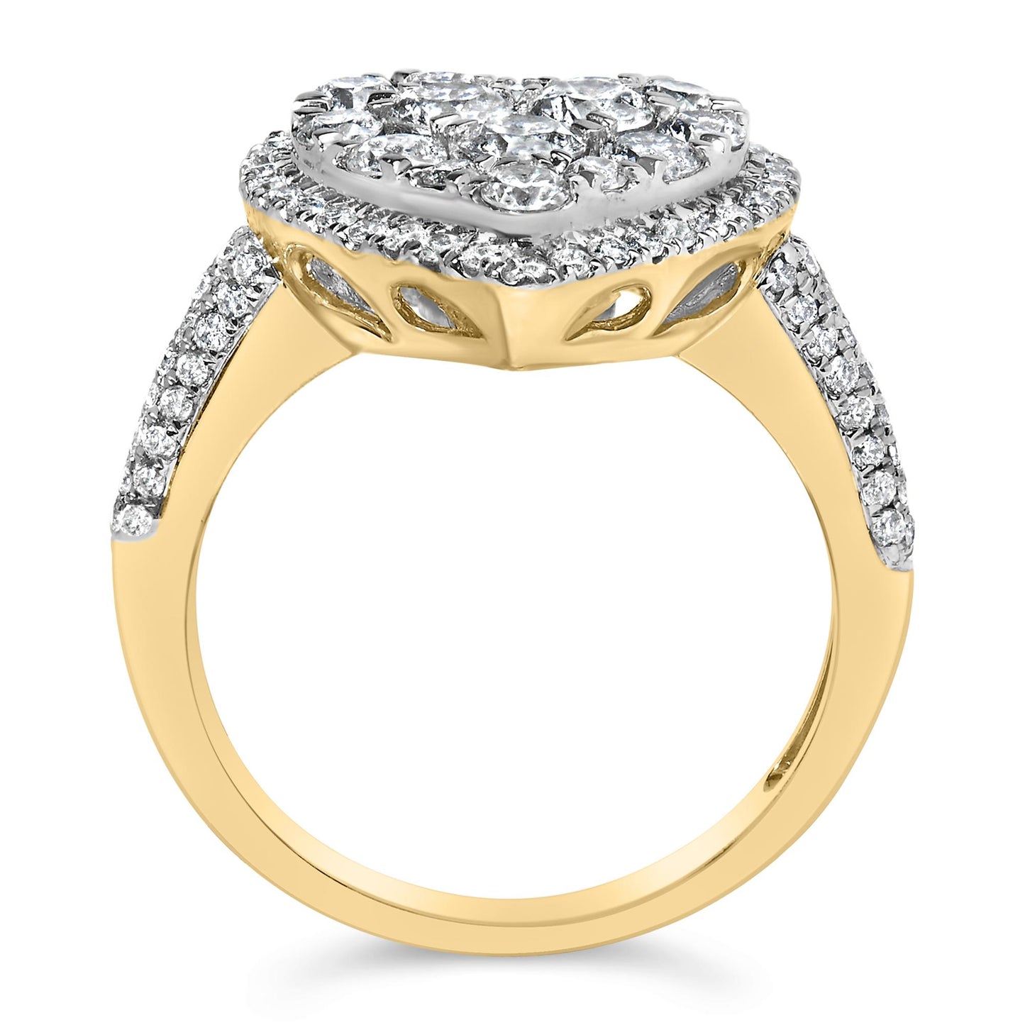 Close-up side angle of a yellow metal ring with a raised cluster of white round gemstones in prong settings and additional white round gemstones adorning the band.