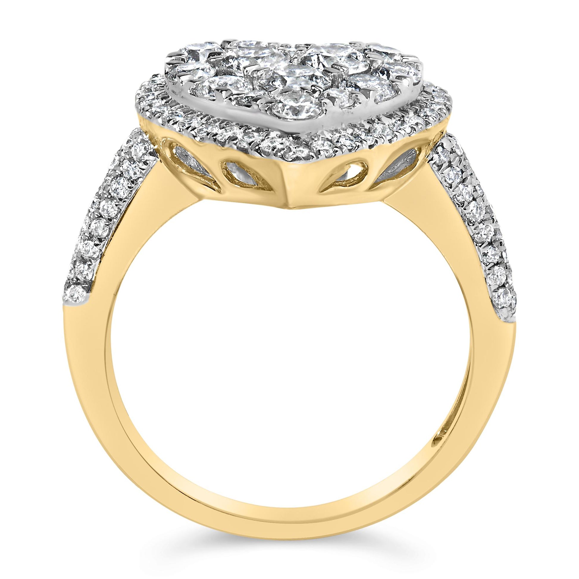 Close-up side angle of a yellow metal ring with a raised cluster of white round gemstones in prong settings and additional white round gemstones adorning the band.