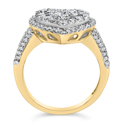 Close-up side angle of a yellow metal ring with a raised cluster of white round gemstones in prong settings and additional white round gemstones adorning the band.