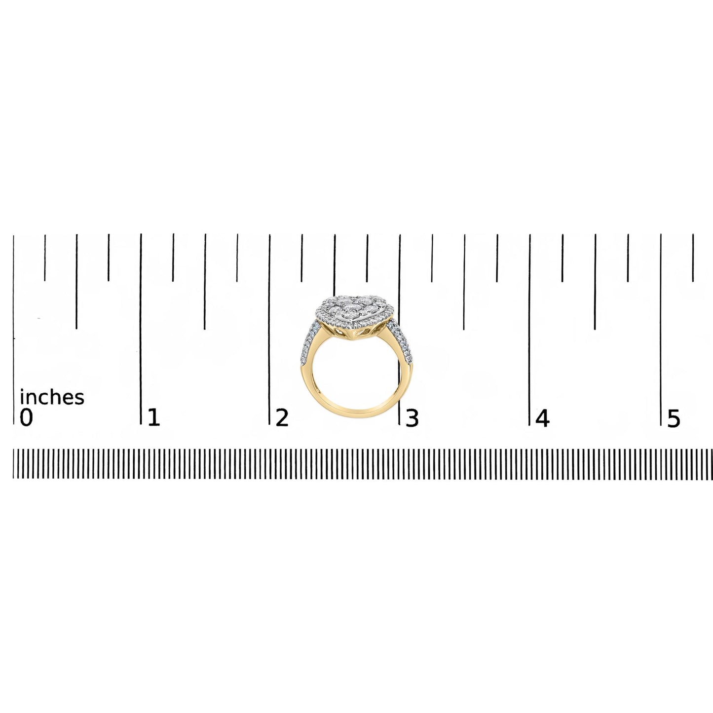 Yellow metal ring with a cluster of round white gemstones in prong settings viewed from the side, placed on a ruler for size reference.