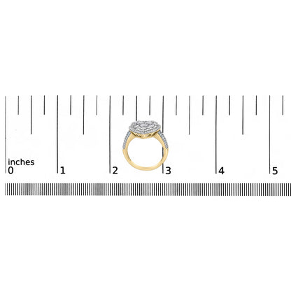 Yellow metal ring with a cluster of round white gemstones in prong settings viewed from the side, placed on a ruler for size reference.