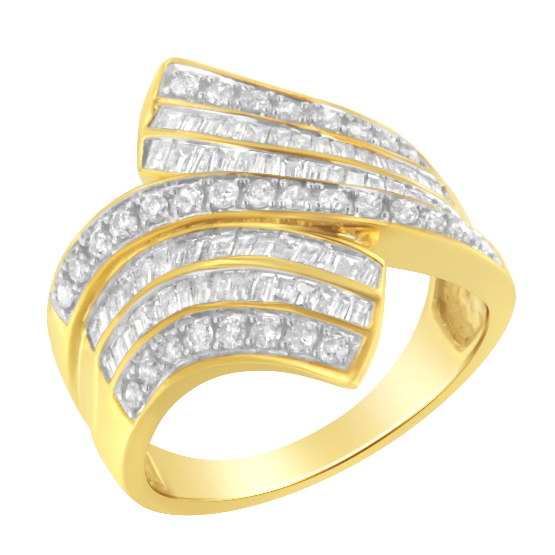 Yellow metal ring with curved design featuring white round pave-set gemstones and white baguette channel-set gemstones, shown in a close-up angled view.