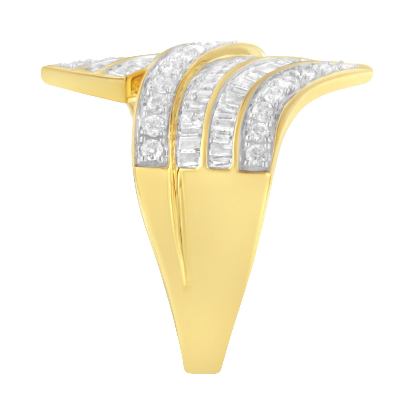 Yellow metal ring with a modern design featuring curved rows of white round pave set gemstones and white baguette channel set gemstones, side view angle.