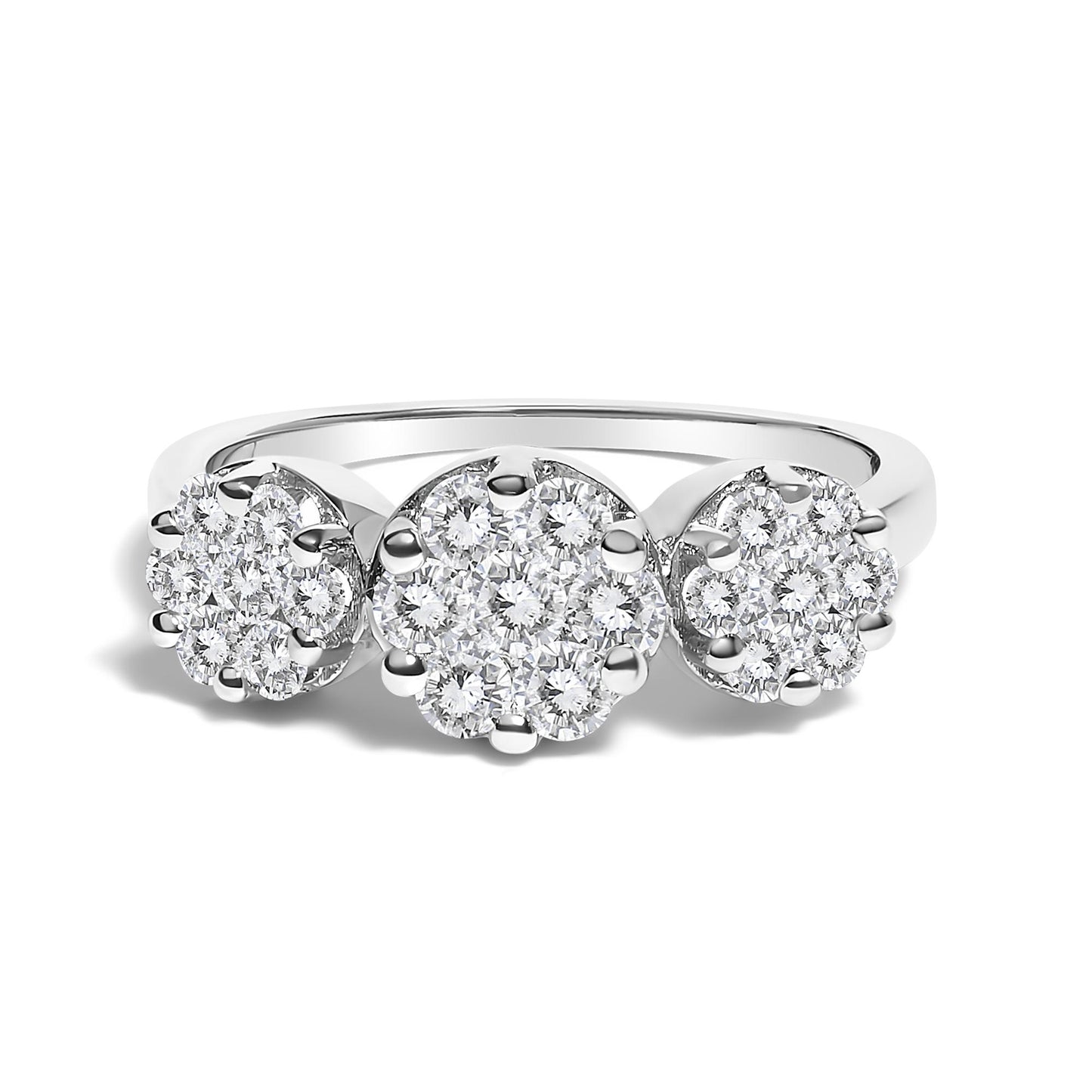 Front angle of a white metal ring featuring three clusters of round white gemstones in prong settings.
