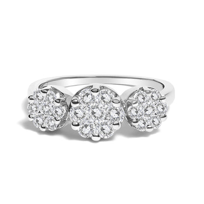 Front angle of a white metal ring featuring three clusters of round white gemstones in prong settings.