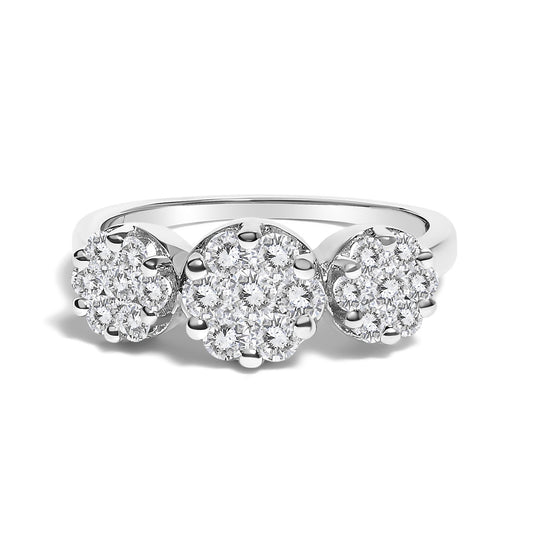 Front angle of a white metal ring featuring three clusters of round white gemstones in prong settings.