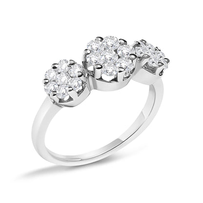 White metal ring with three clusters of round white gemstones in prong settings, shown at an angled close-up.