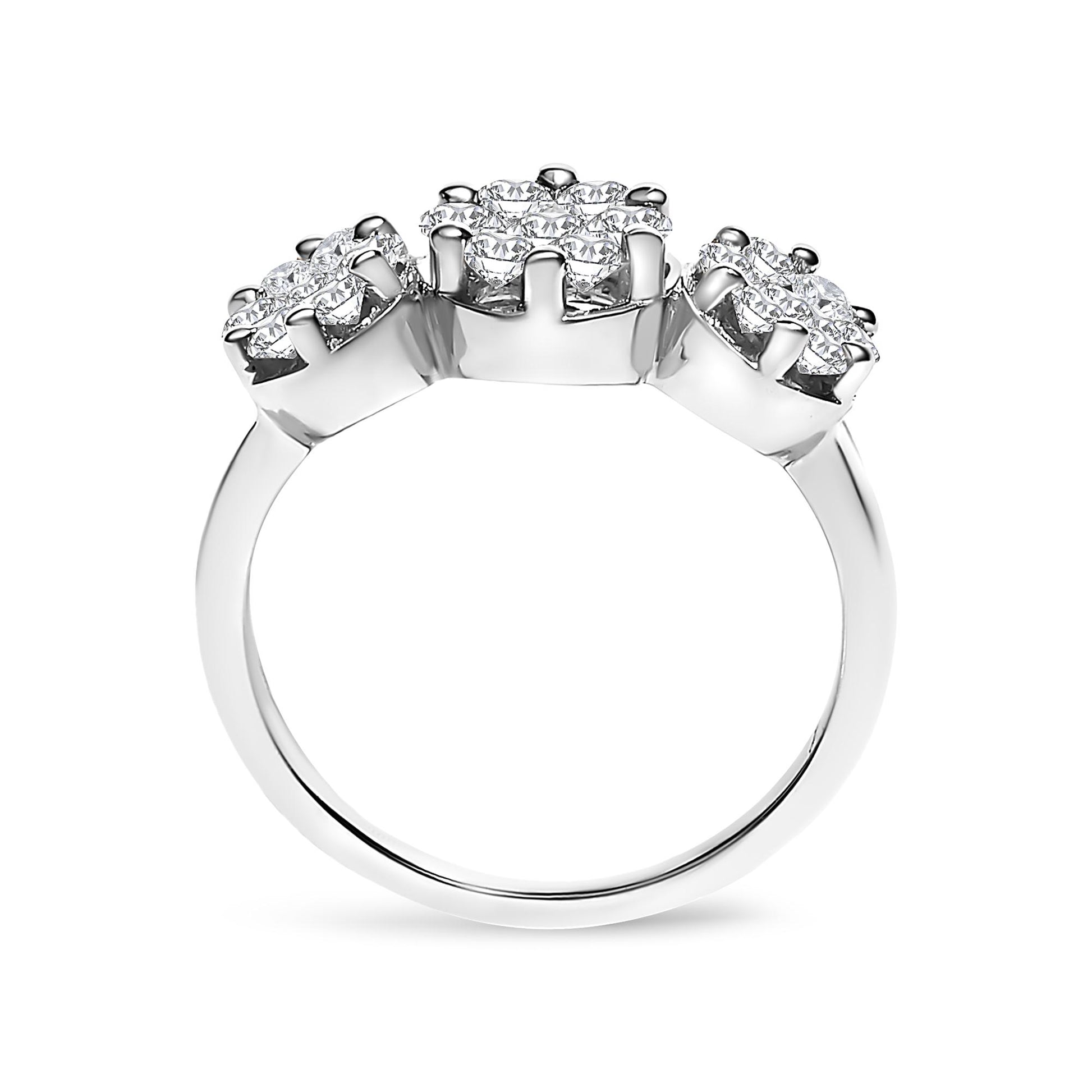 White metal ring with three clusters of round white gemstones in prong settings, shown from a front angle.
