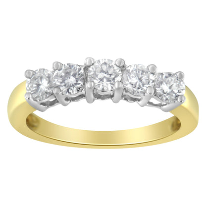 Front angled view of a yellow and white metal ring featuring five round white gemstones in prong settings.