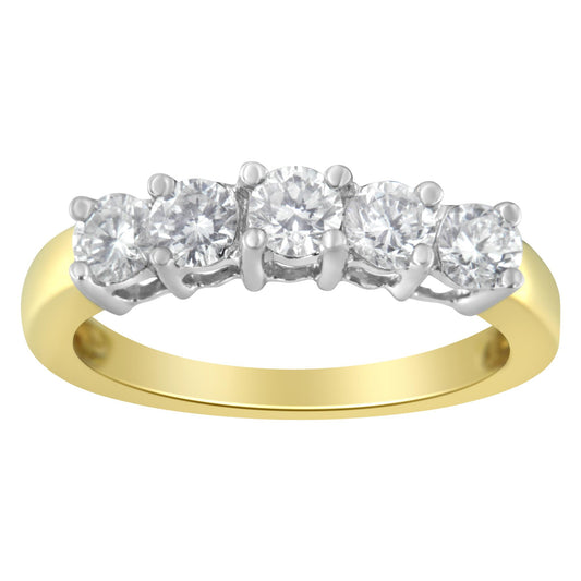 Front angled view of a yellow and white metal ring featuring five round white gemstones in prong settings.