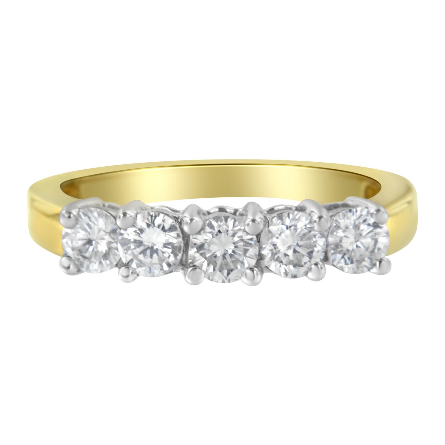 Front-facing view of a yellow and white metal ring with five round white gemstones in prong settings across the top.