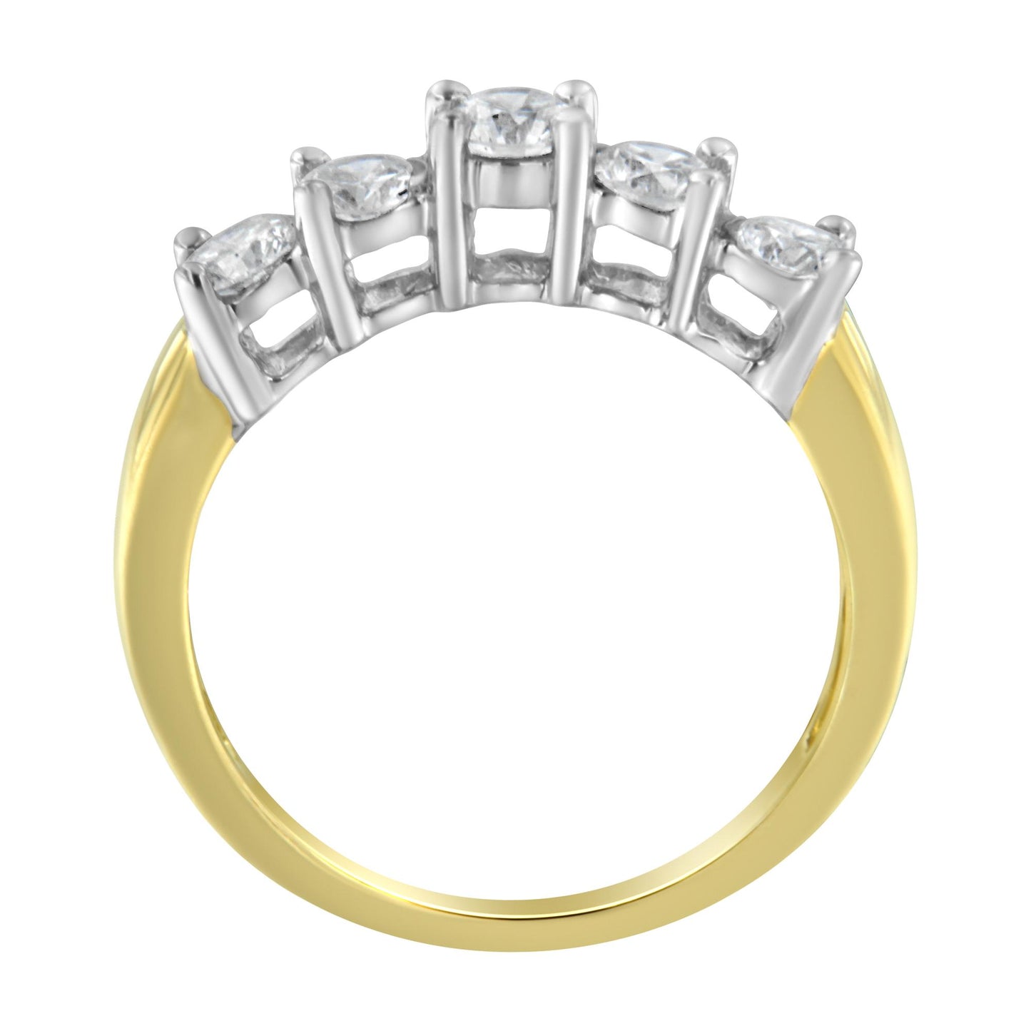 Front angle of a two-tone ring with a yellow band and white prong settings holding five round white gemstones.