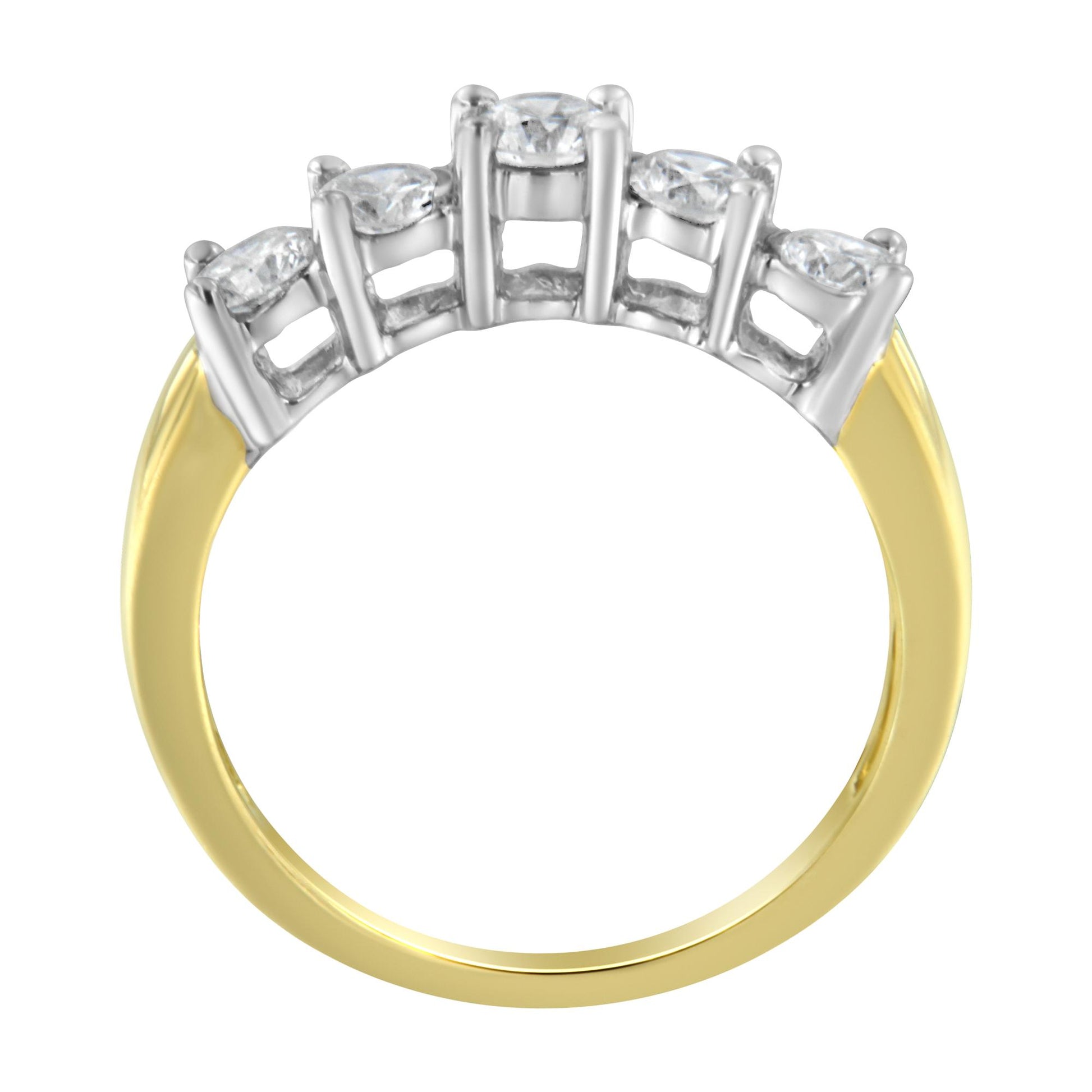 Front angle of a two-tone ring with a yellow band and white prong settings holding five round white gemstones.