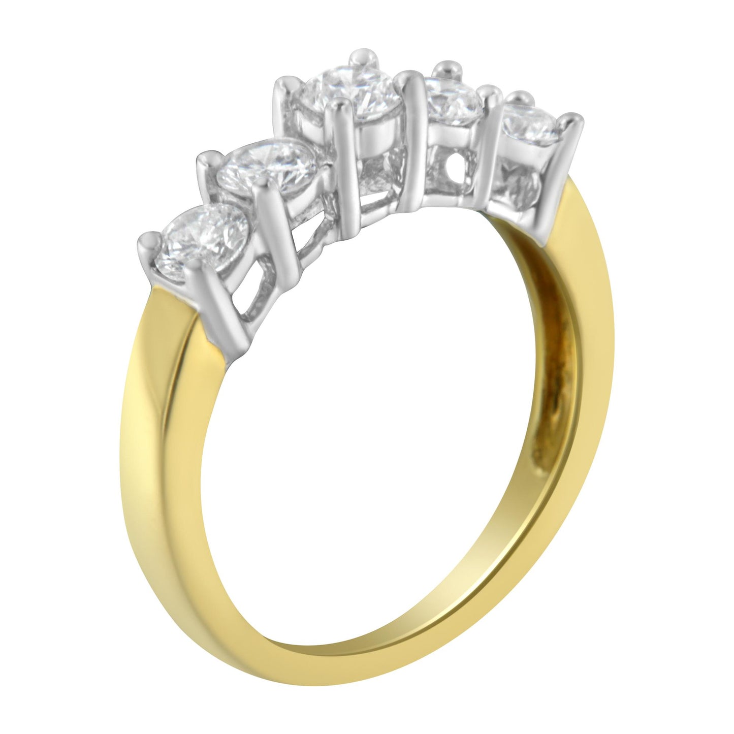 Yellow and white ring with five round white gemstones in prong settings, shown at a slight angled side view.