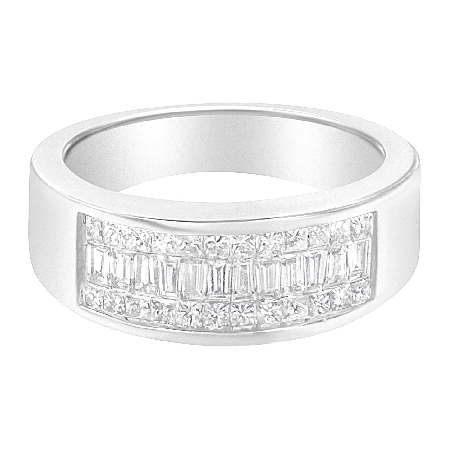 White metal ring with channel-set rows of white rectangular and square gemstones, shown at a slightly angled top-front view.