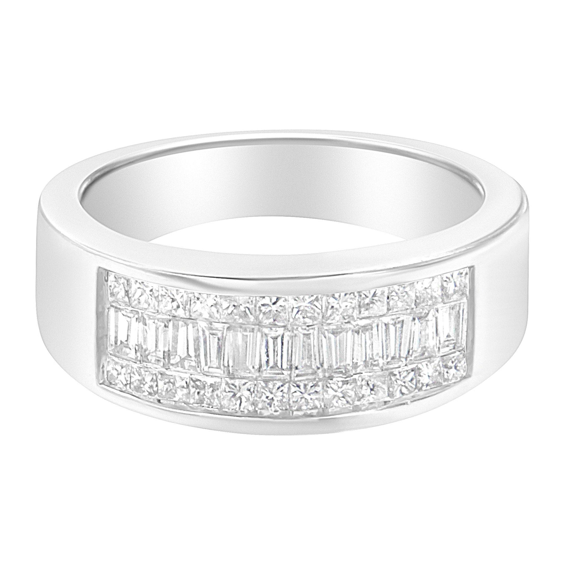 White metal ring with channel-set rows of white rectangular and square gemstones, shown at a slightly angled top-front view.